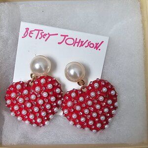 Betsey Johnson Pearl & Red Heart Drop Dangle Earrings